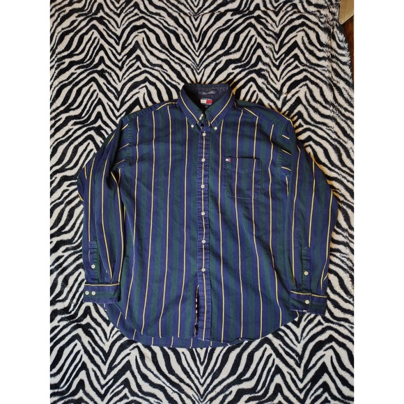 Tommy Hilfiger Other - Vintage Tommy Hilfiger Shirt Mens XL Corduroy Green Blue Button 90s Flag Logo